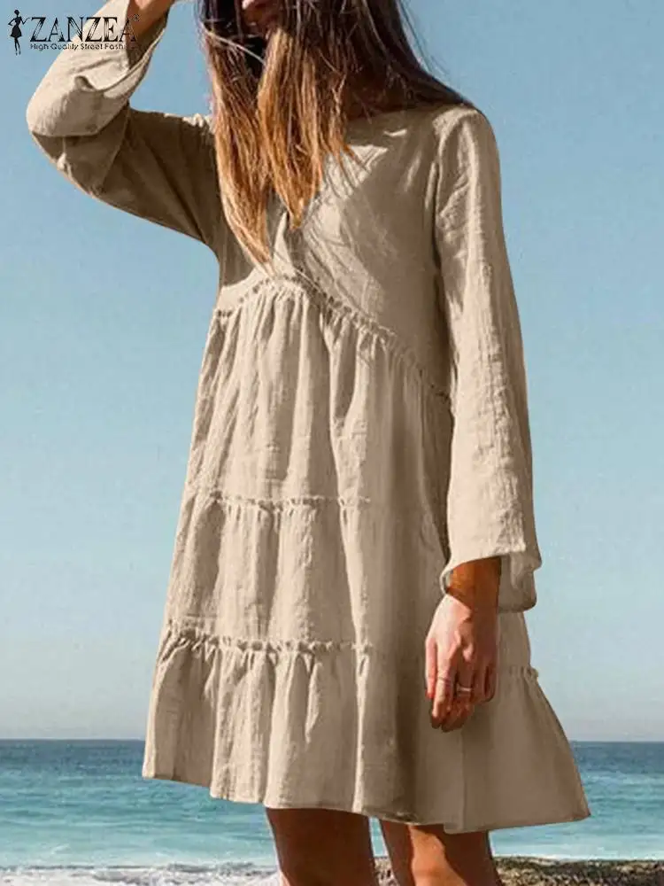 

ZANZEA Holiday Ruffles Mini Dress Summer Fashion Women V Neck Long Sleeve Beach Sundress Casual Loose Solid Party Vestidos Robe