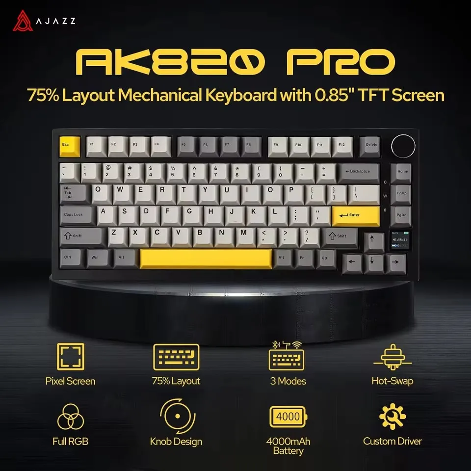 Фото Ajazz AK820 Pro Игровая клавиатура с магнитным переключателем, прокладка, Bluetooth 5,1/2,4G, беспроводной/проводной TFT-экран типа C для Mac/Win №3