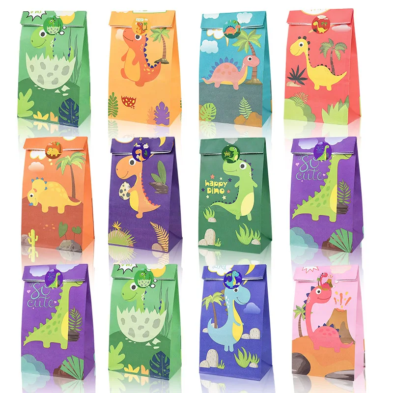 

12Pcs Cartoon Dinosaur Gift Bag With Paper Sticker Jungle Dino Birthday Party Candy Favor Bag For Baby Shower Gift Packing Decor