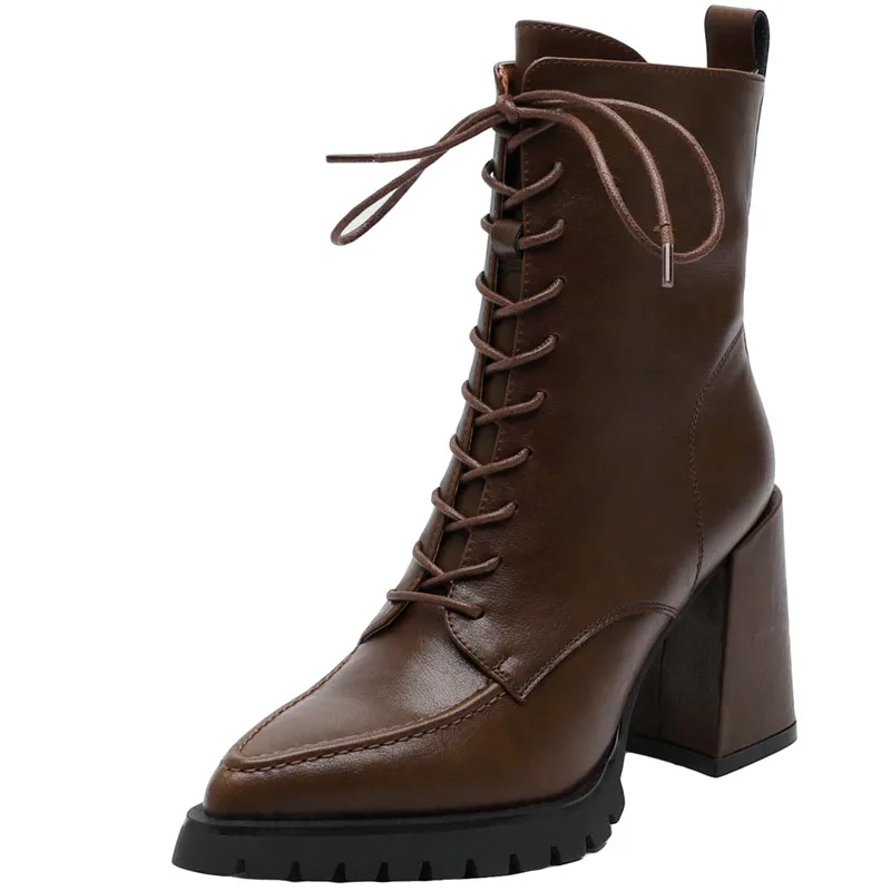 

Женские ботинки из натуральной кожи, ботильоны на толстом высоком каблуке, с узким ремешком, Осень-зима 2024