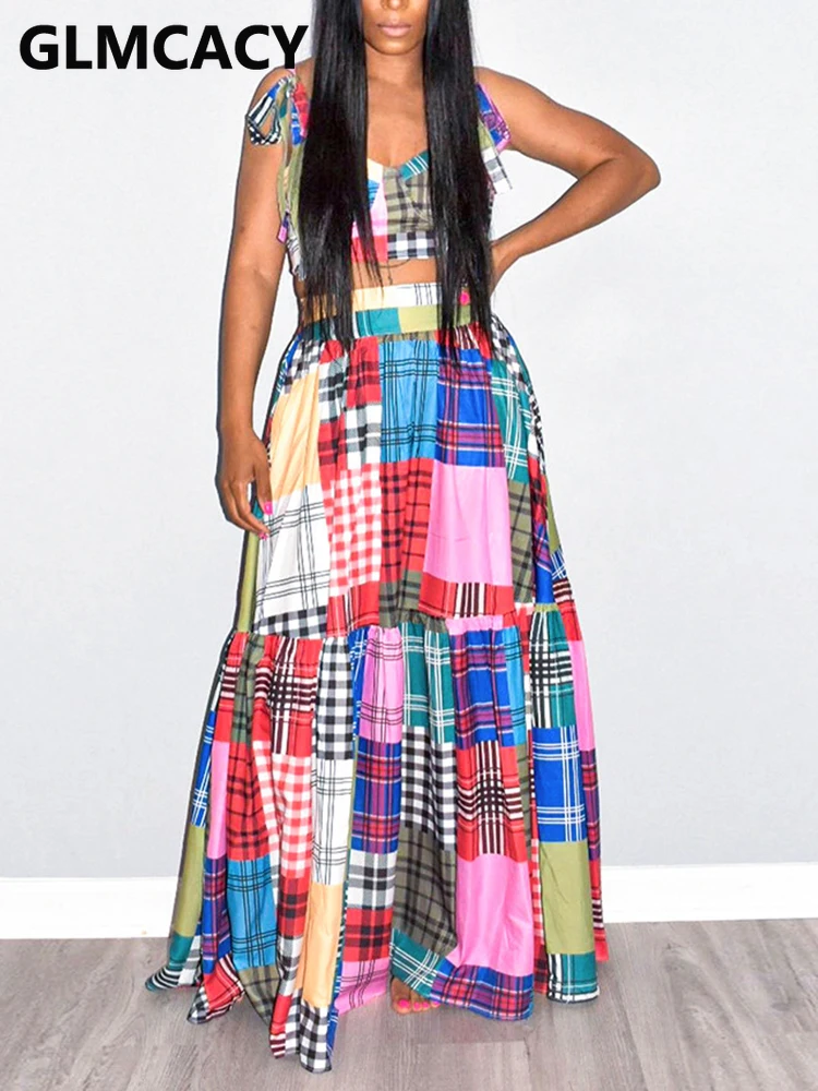 

Women Summer Plaid Dress Suits Crop Top & Loose Maxi Skirt Set