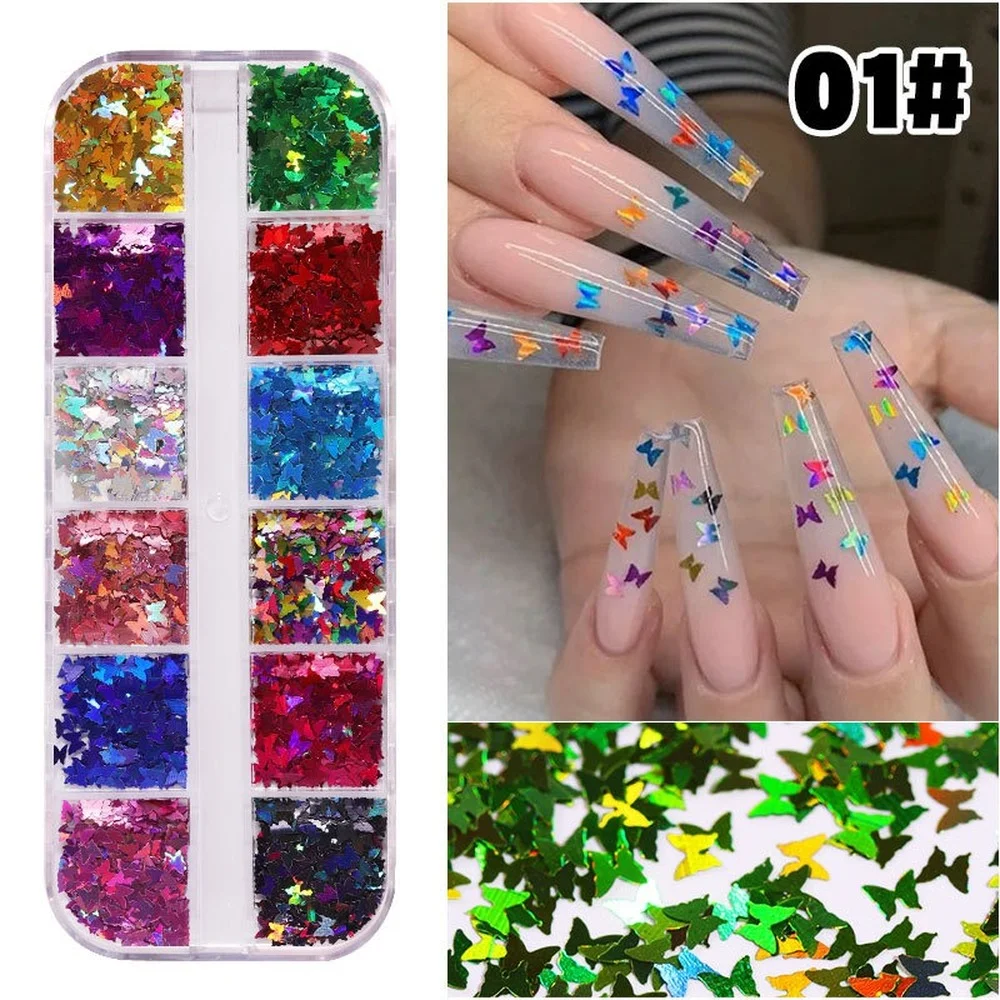 

Holographic Nail Glitter Flakes Sequin 12pcs In 1 Rose Gold Silver DIY Butterfly Dipping Powder for Acrylic Nails Tools