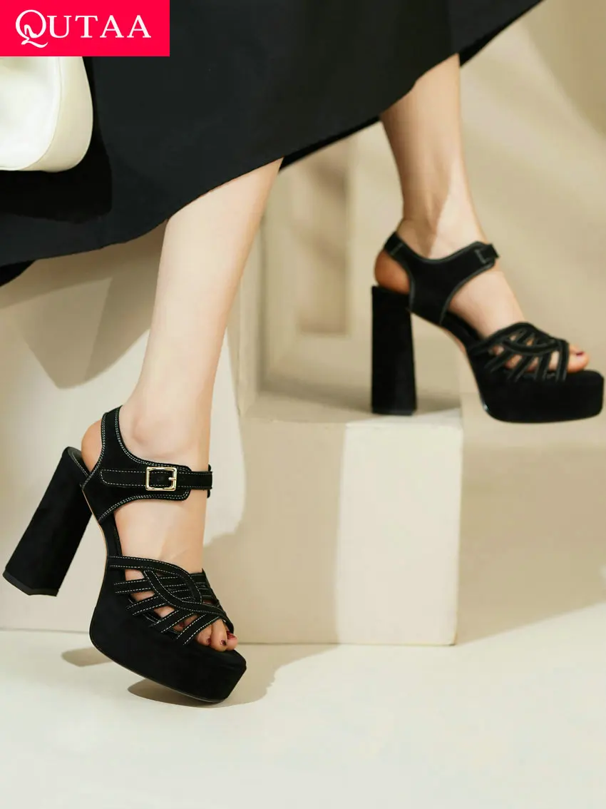 

QUTAA 2022 Summer Women Sandals Rome Buckle Square High Heel Genuine Leather Working Casual Gladiator Shoes Woman Size 34-39