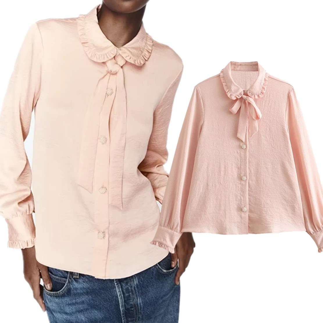 

Elmsk French Autumn Fashion Women's Shirt Pink Elegant Bow Pearl Long Sleeve Shirt Satin Casual Blouse Women