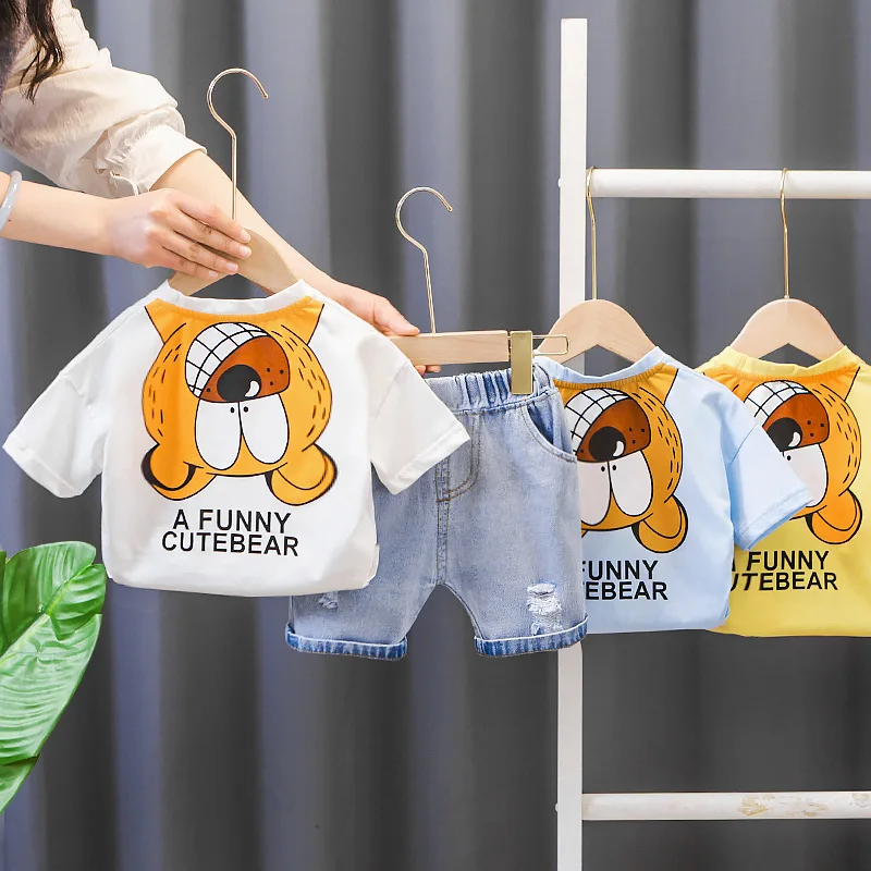 

Хлопковая одежда для маленьких мальчиков и девочек, летний комплект из двух предметов для малышей, красивая футболка с коротким рукавом и мультяшным рисунком, Детский костюм