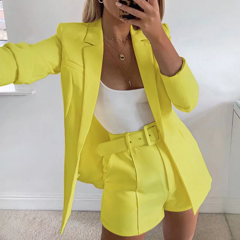 

Two Piece Set Women Blazer Shorts Suit Spring New Sexy Solid Long Sleeve Jacket Female Fashion Temperament Casual Belt Shorts