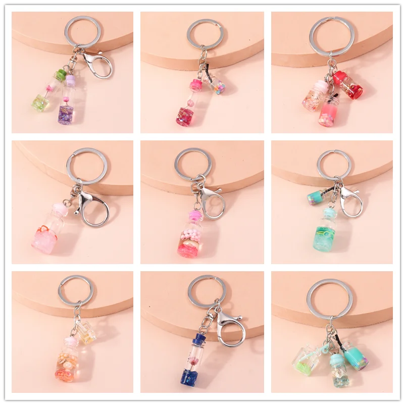 

Fashion Summer Drifting Bottle Keychain Drinks Bottle Wine Cup Key Ring Milk Tea Key Chains Handmade Bag Car Jewelry Gifts