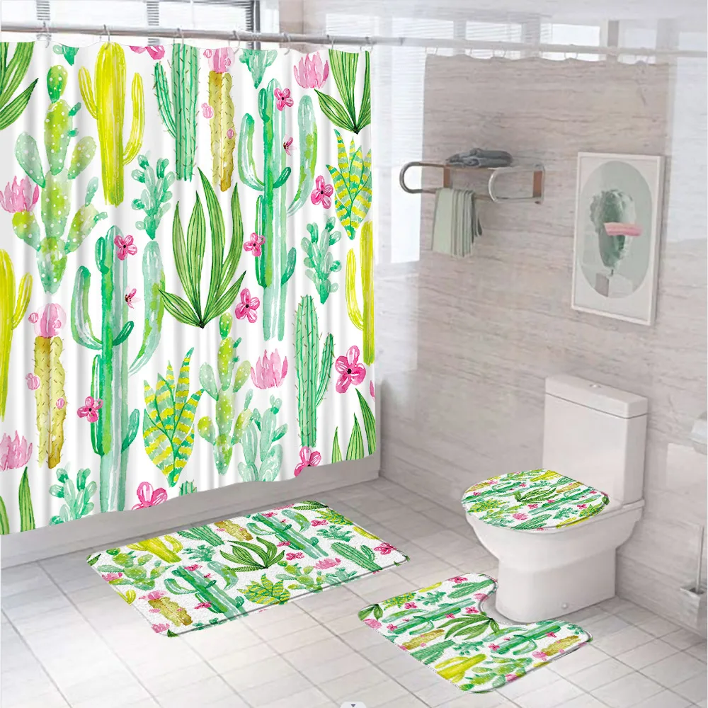 

Tropical Plant Cactus Shower Curtain Sets Watercolor Pink Flower Botanical Bathroom Curtains Non-Slip Rug Bath Mats Toilet Cover