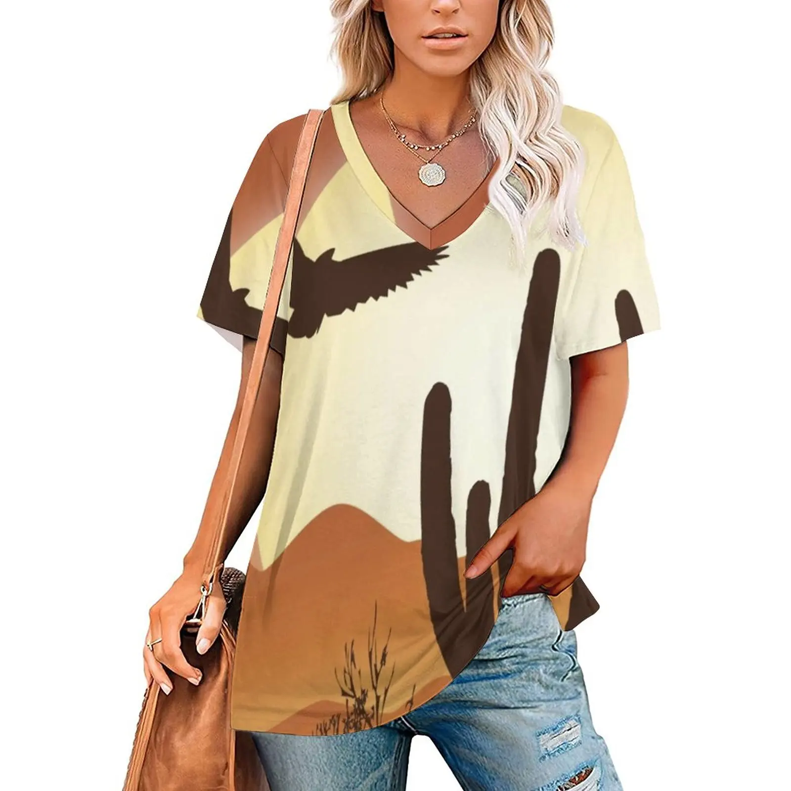 

Закат Вестерн футболка с изображением пустыни кактус и орел смешные футболки с v-образным вырезом короткий рукав пользовательские Топы повседневные футболки большой размер 2XL 3XL
