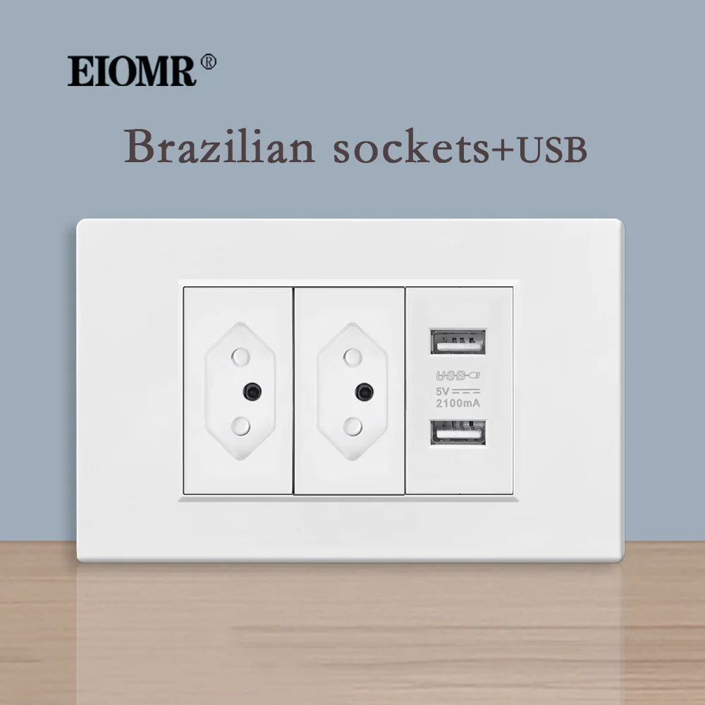 

EIOMR Brazil Standard Socket with Usb,white Panel 118*75mm,Type-C Power Charging Port Wall Outlet AC 110V-250V 20A Power Socket