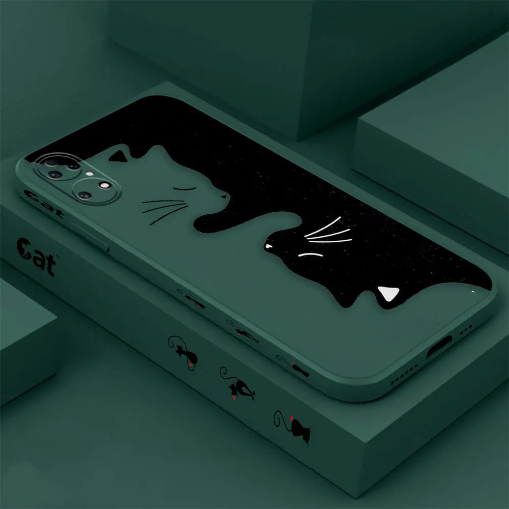 Funny Black Aggrieved Cat Phone Case For Huawei P60 P50 P40 P30 P20 Mate 50 40 30 20 20X 10 Colour Liquid Silicone Cover Funda