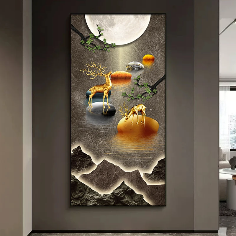 

Modern Abstract Canvas Painting Lucky Gold Deer Posters and Prints Wall Art Picture for Gallery Home Decor