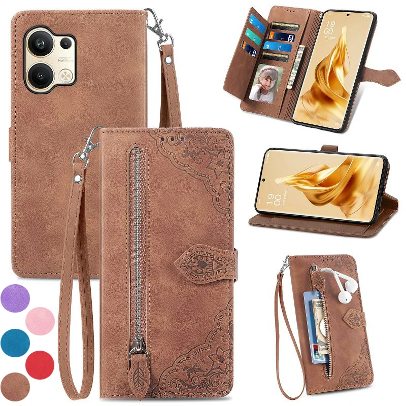 

Vertical Zipper Wallet Case Flip Cover For OPPO Realme 10 9i 8i 7 Pro 6i 5s C3 V25 Solid Color Embossing Leather Phone Case
