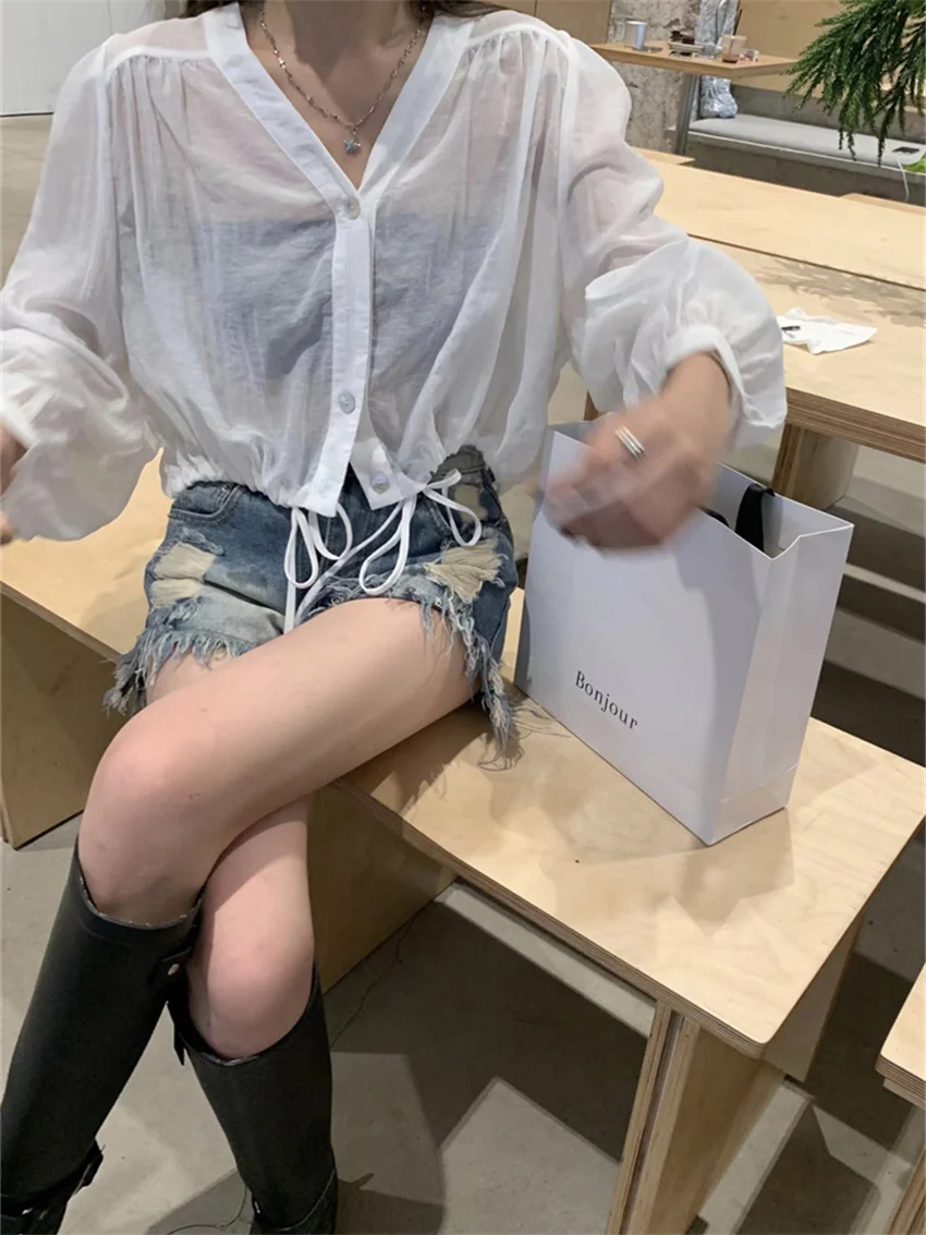 Женская Однотонная рубашка с V-образным вырезом на осень