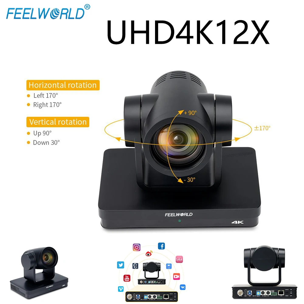 USB-камера FEELWORLD UHD4K12X 4K PTZ, оптический зум 12X, автофокус, SDI HDMI IP 4K 30FPS, пульт дистанционного управления для видеоконференции