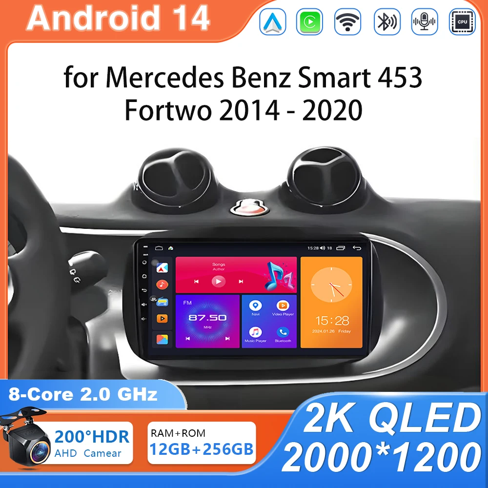 Фото Автомобильное радио Android 14, для Mercedes Smart 453 Fortwo 2014-2020, авторадио, мультимедийный плеер, навигация, Carplay, 2Din, DVD, GPS, WIFI BT №1