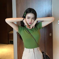 #1629 Solid Color Short Sleeve T-shirt Women's Summer Korean Slim Short-tops Cotton Bottomed Shirt Femme Green Yellow Blue Black