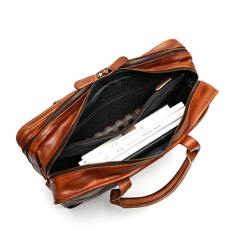 Retro Genuine Leather Men Briefcase Large Capacity Cowhide Handbag Business Laptop Computer Bag Luxury Male Travel Shoulder Bag