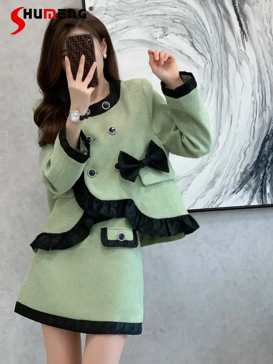 Socialite Style Fashion Two-piece Suit Women's 2022 Autumn New French Style Vintage Bow Ruffled Coat Ladies Simple Solid Skirt