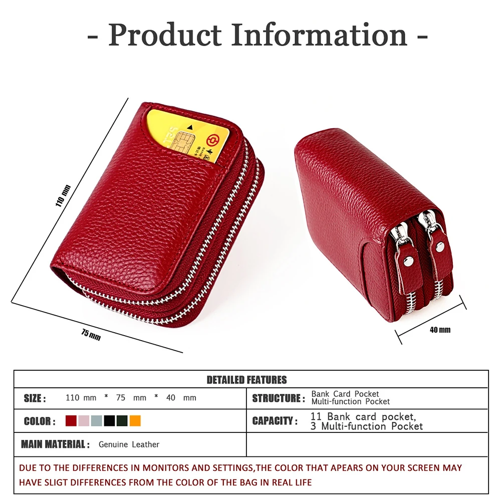 Women Card Holder Double Zipper Female Credit Card Wallet Case Genuine Leather 2023 Money Card Bag Multiple Slots Clip Wallet