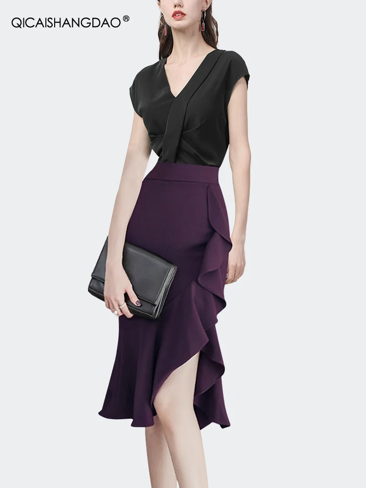 Женская летняя фиолетовая Юбка-миди с оборками модная Асимметричная