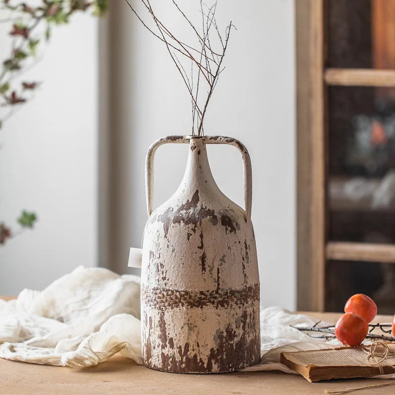 

Distressed Metal Off White Metal Table Vase Two Handled Rustic Pitcher