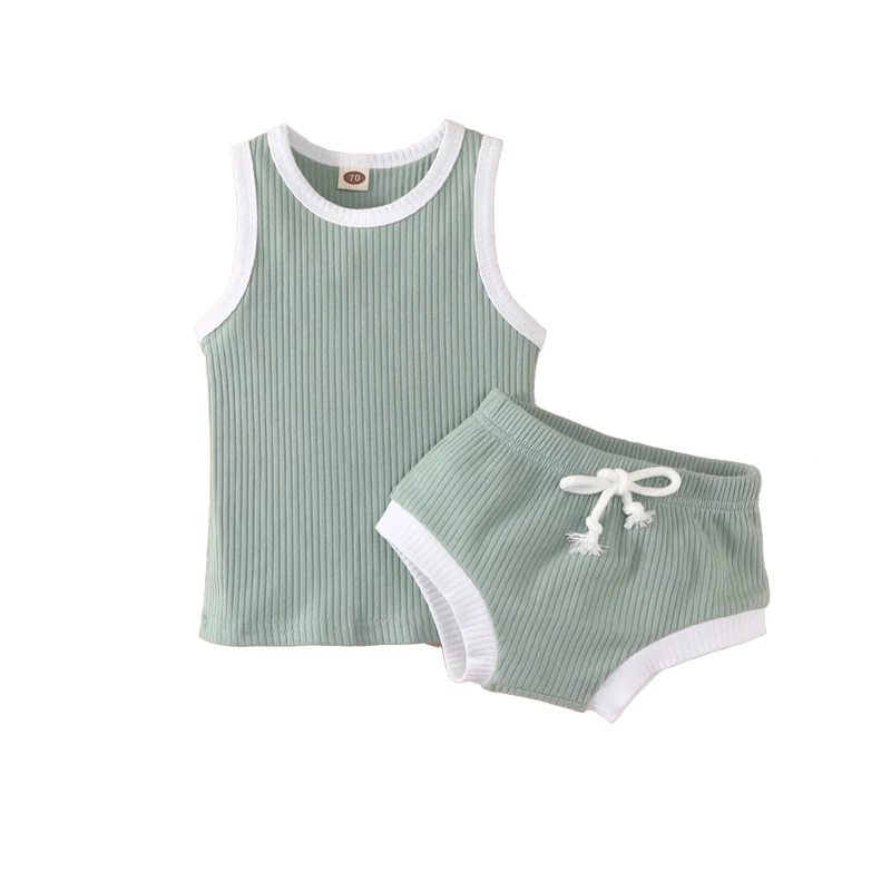 

Baby Shorts Set Ribbed Knit Stitching Round Neck Sleeveless Tank Tops + High Waist Shorts Set
