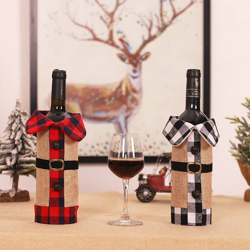

New Christmas Decorations Nordic Style Linen Plaid Clothes Bell Bottle Set Wine Bag Accessories