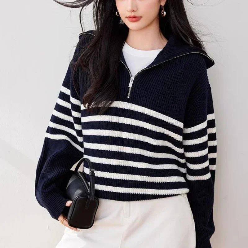 Осень-зима женские свитера на молнии белые черные полосатые вязаные пуловеры