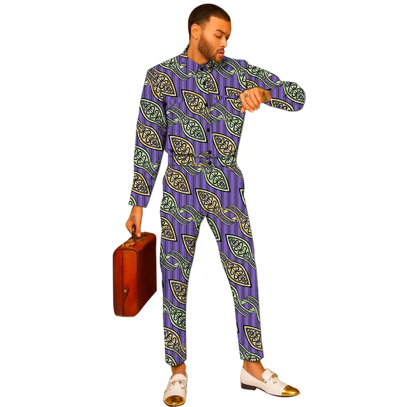 

Purple Print Men's Pant Sets Nigerian Fashion Various Colors Male Shirts+Trousers Custom Wax African Wedding Groom Outfits