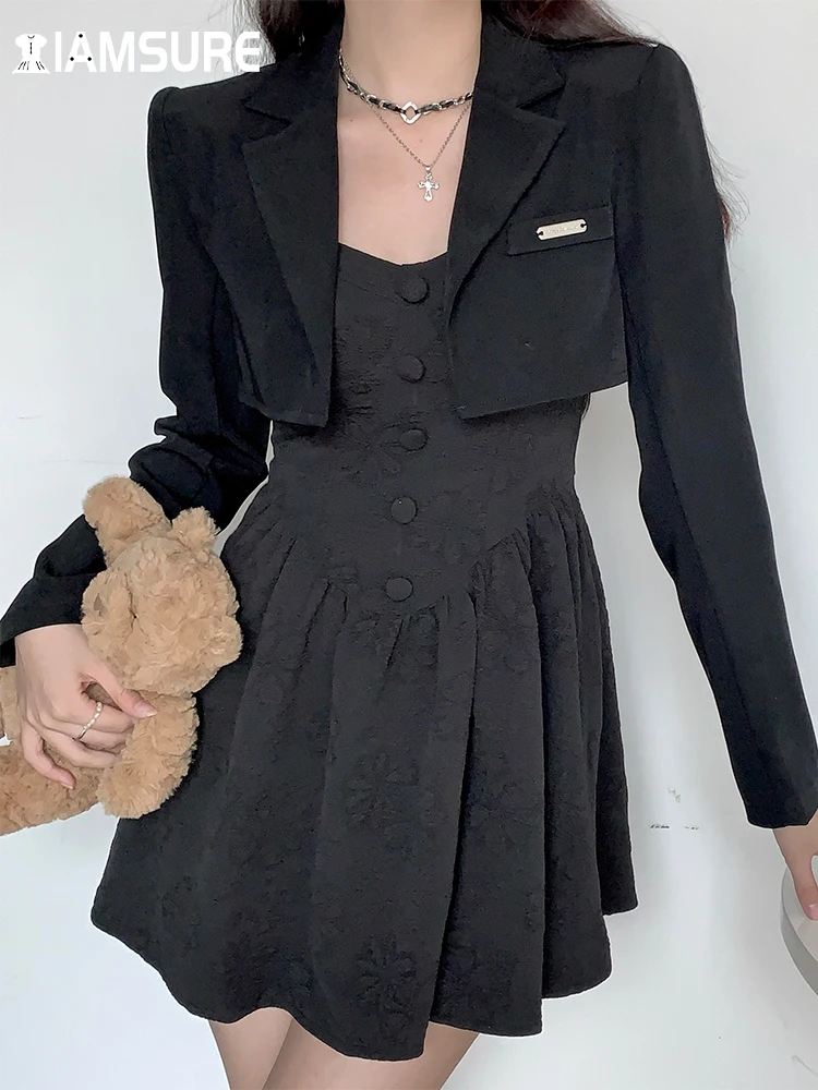 

IAMSURE Korean Style Solid Dress Set Women Elegant Fashion 2 Piece Sets Office Ladies Cropped Blazer Slim Sleeveless Camis Dress
