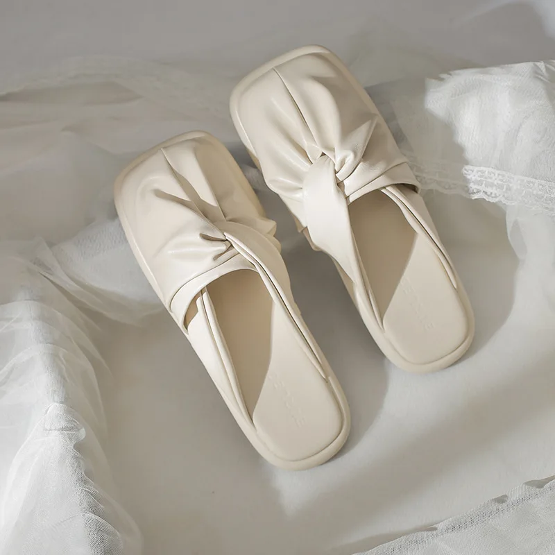 

Shoes Cover Toe Low Woman's Slippers Slides Female Mule Square 2022 Mules Hoof Heels Rubber Fretwork Basic Scandals PU Fabric