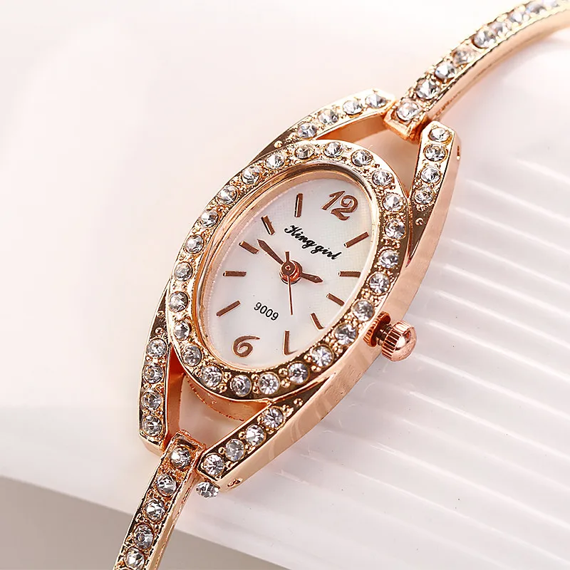 Женские кварцевые часы с браслетом из нержавеющей стали, с кристаллами