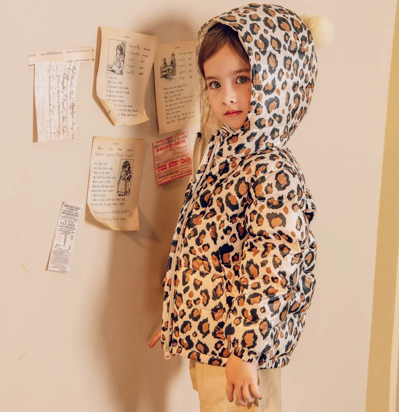 

Girls' White Duck Down Coat Children's Leopard Print Winter Cold Jacket 2-5Y