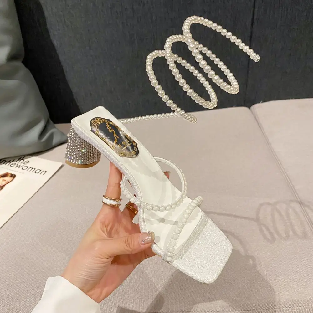 Xibeilove 2023 Summer Women's Wedding Bride Party Shoes Luxury Square Headed Rhinestone Pearl Wrapped Mid Heel Sandals