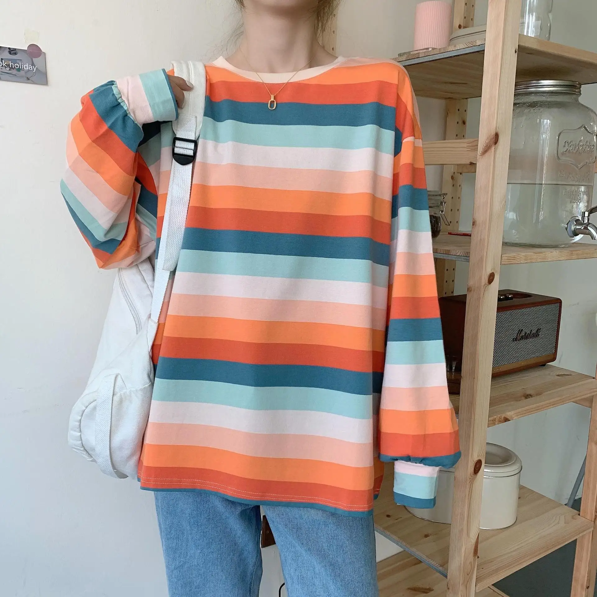 

Cotton Rainbow Striped Long-sleeve T-shirt Women Loose Spring Autumn Lantern Sleeve Thin Sweatshirt Pullover Oversized Top Femme