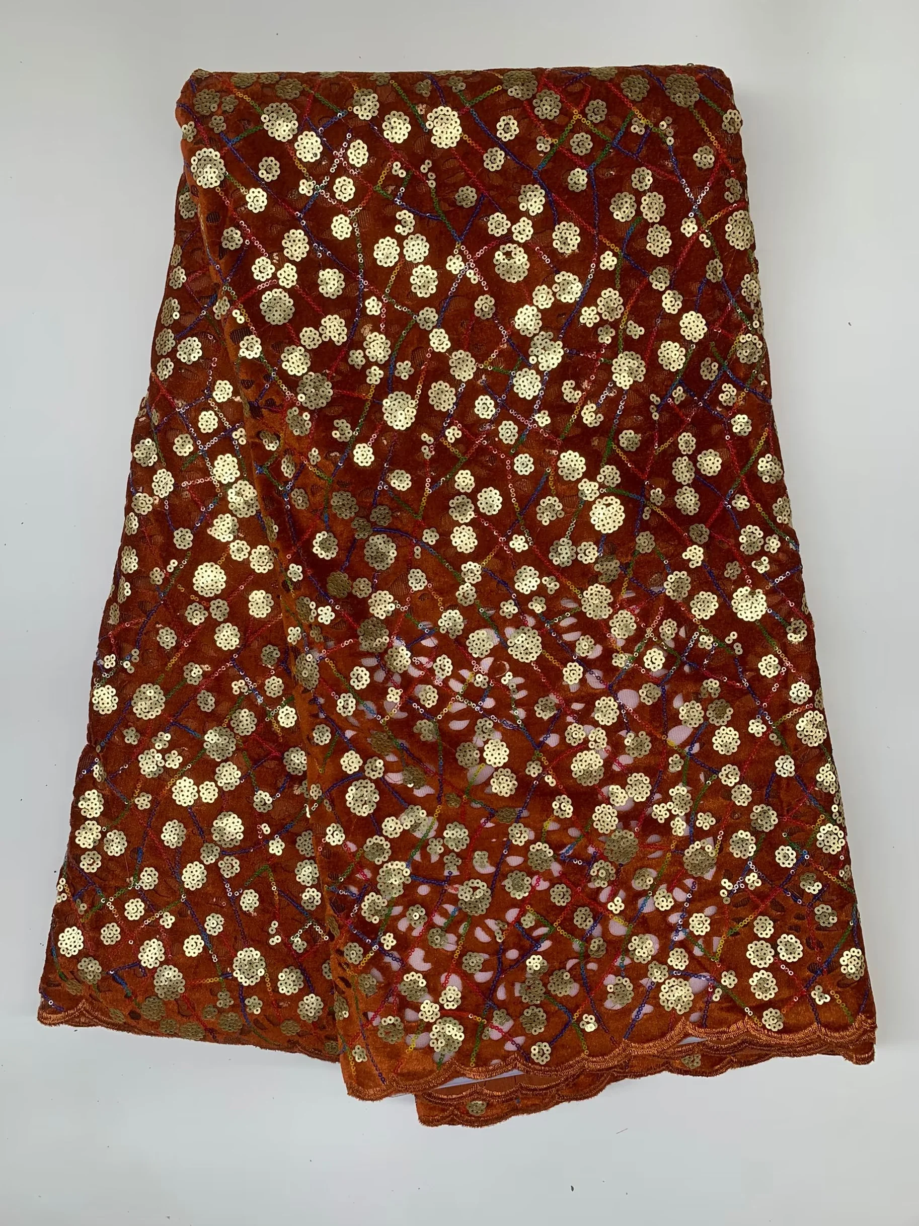 Сверкающая бархатная кружевная нигерийская ткань Asoebi с золотыми блестками 5