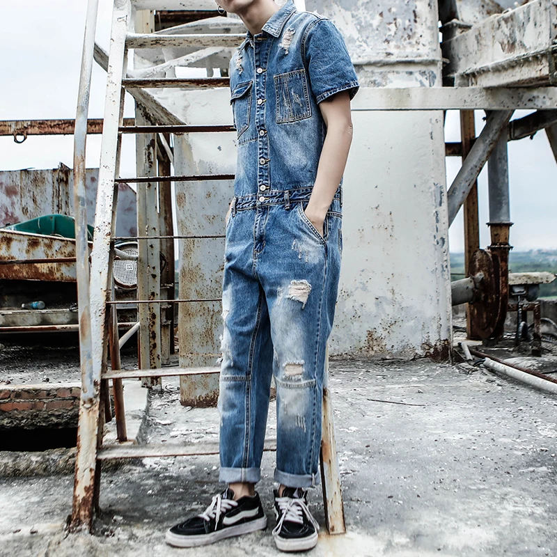 Denybloood Jeans Fashion Men's Ripped Jeans Jumpsuits High Street Distressed Denim Bib Overalls For Man Suspender Pants 0301