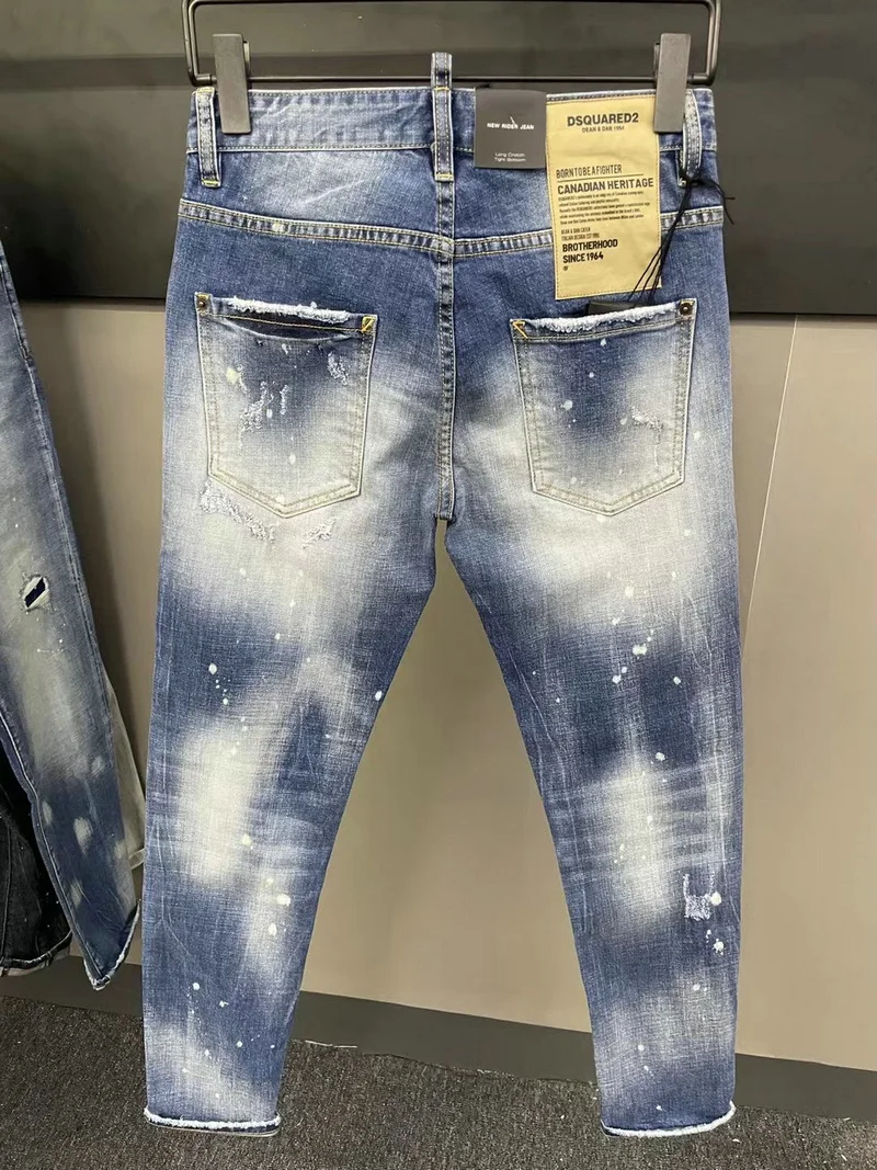 New DSQUARED2 Men's/Women Slim-Fit Jeans, Fashion Hole Patch Frayed Micro-Elastic Pants 076