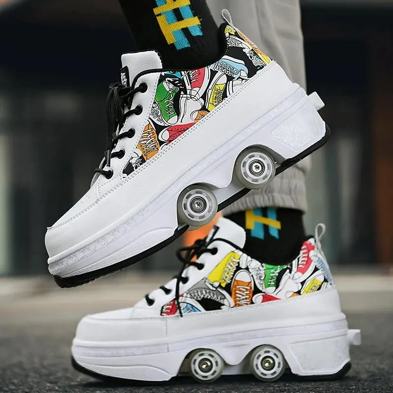 Deformation Roller Skates 4 Wheels Dual-Purpose Parkour Sports Roller Shoes Children Girls Boys Roller Skates Unisex Sneakers
