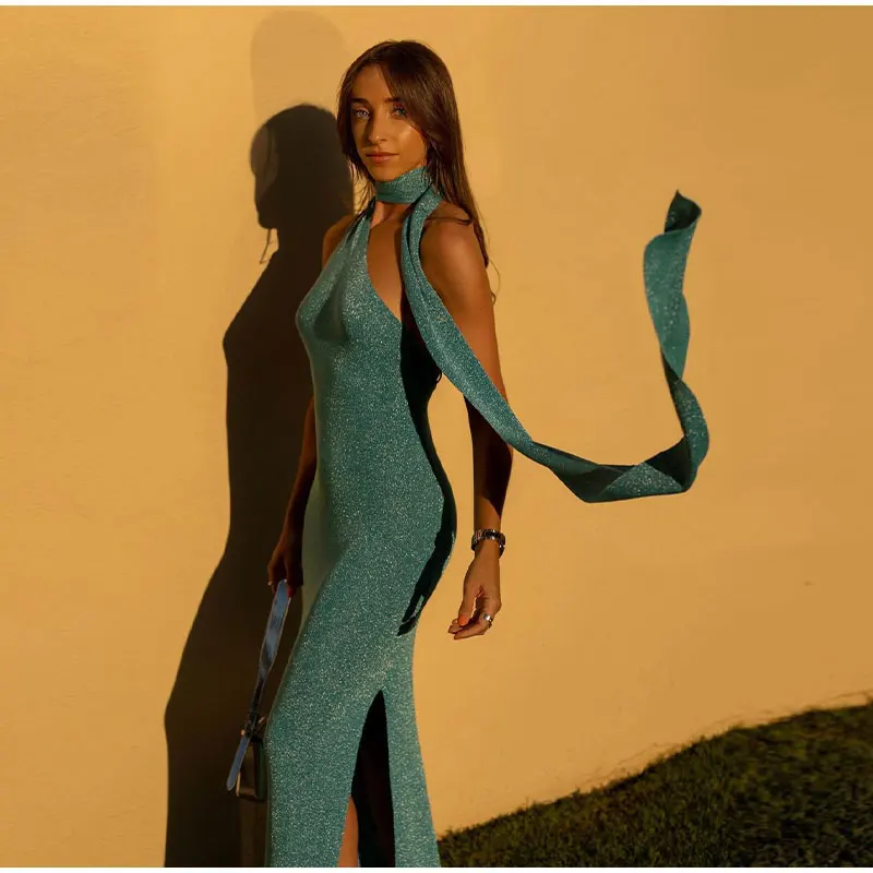 

Elegant Solid Blue Sleeveless Ribbon Halter Midi Dress Women's One Shoulder Slim A-line Long Vestidos Fashion Prom Party Robess