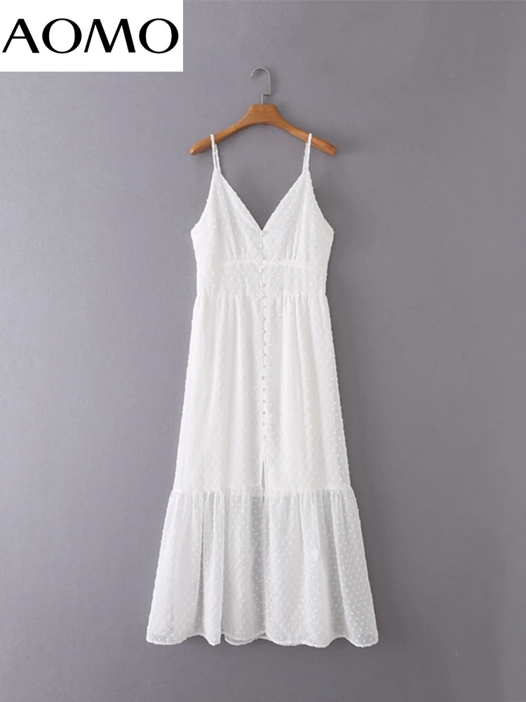 

AOMO Women Embroidery Romantic Chiffon Dress Strap Buttons Females Midi Dresses Vestidos 2M48A
