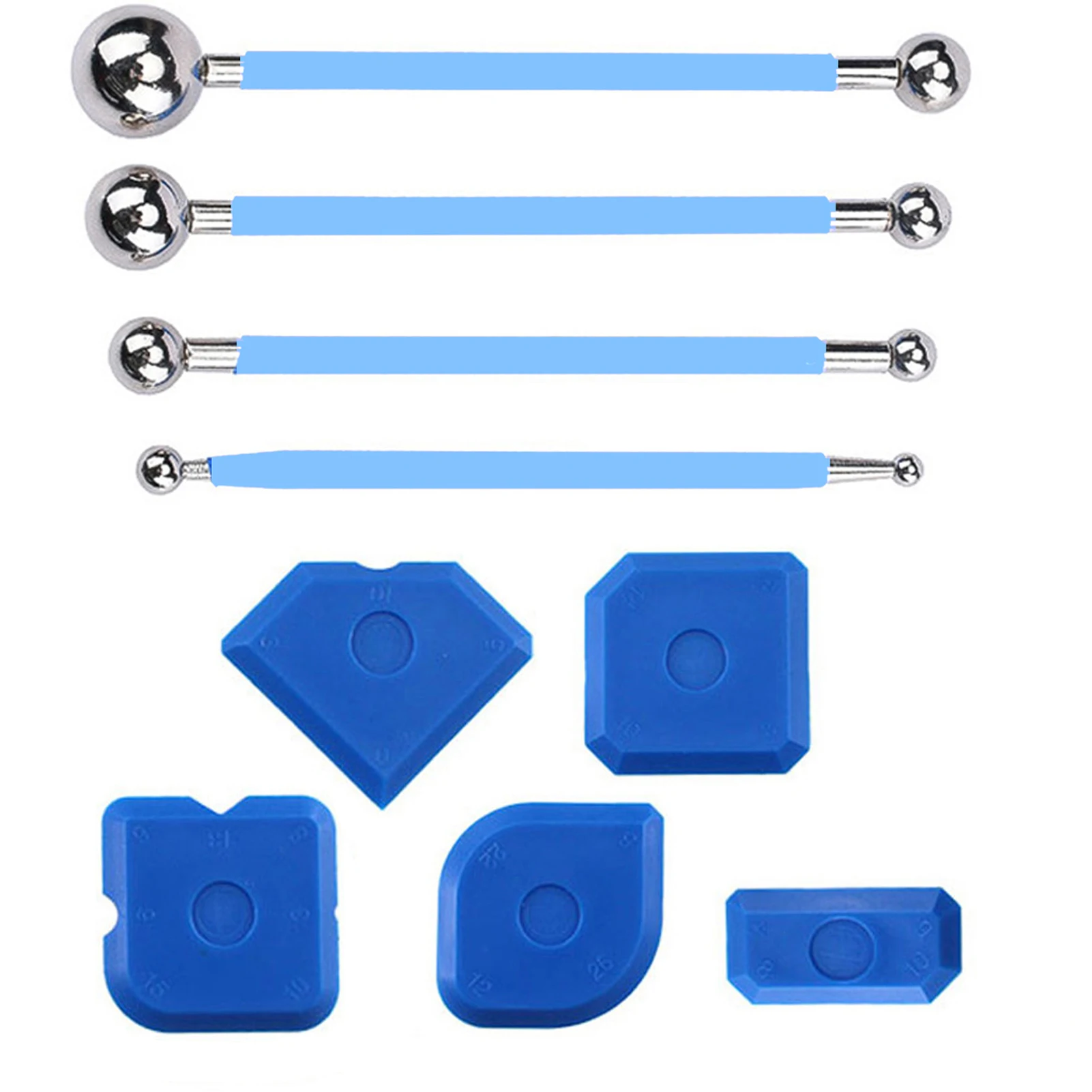 

9pcs Caulking Tool Kit Portable Blue Floor Remover Plastic Scraper Kitchen Tiles Sealant Finishing Multi Edge Metal Ball Puller