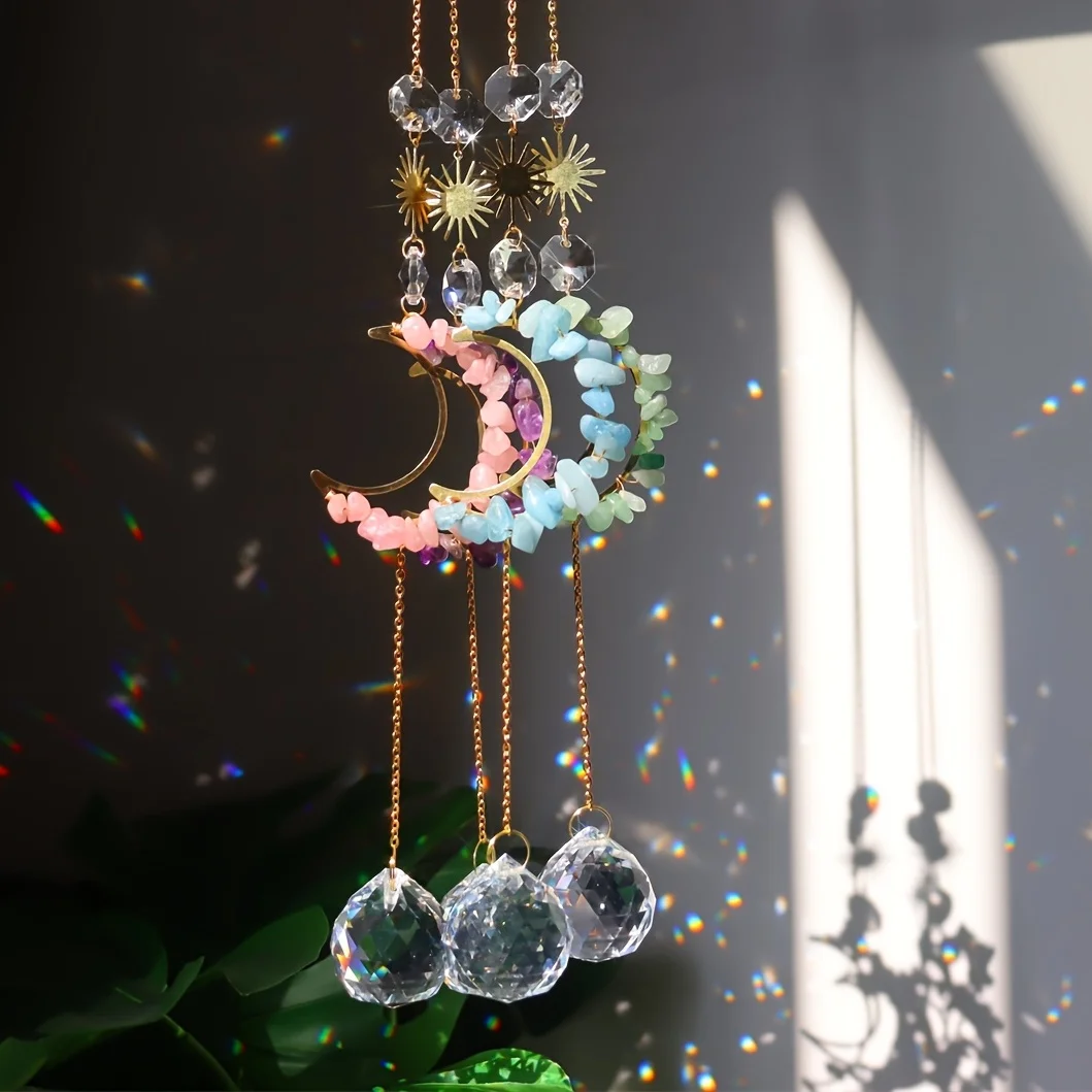 

Crystal Wind Chime Moon Sun Catcher Diamond Prism Pendant Dream Catcher Rainbow Chaser Hanging Drop Outdoor Rainbow Chaser Decor