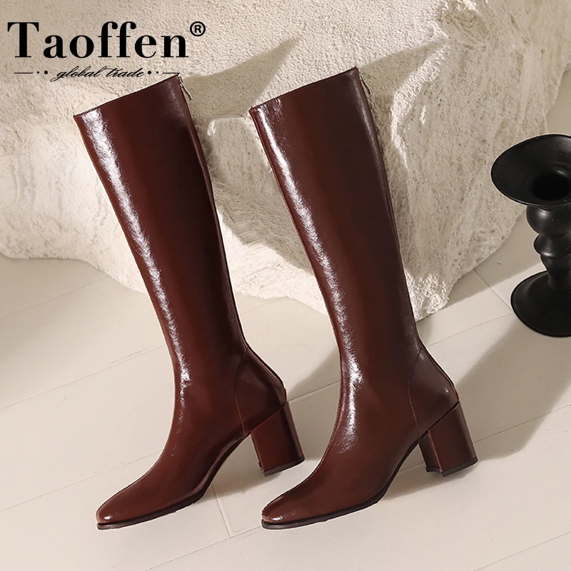 

Taoffen Genuine Leather Women Boots Square Heel Zipper Long Boots Women Winter Shoes Fashion Solid Boots Footwear Size 34-39