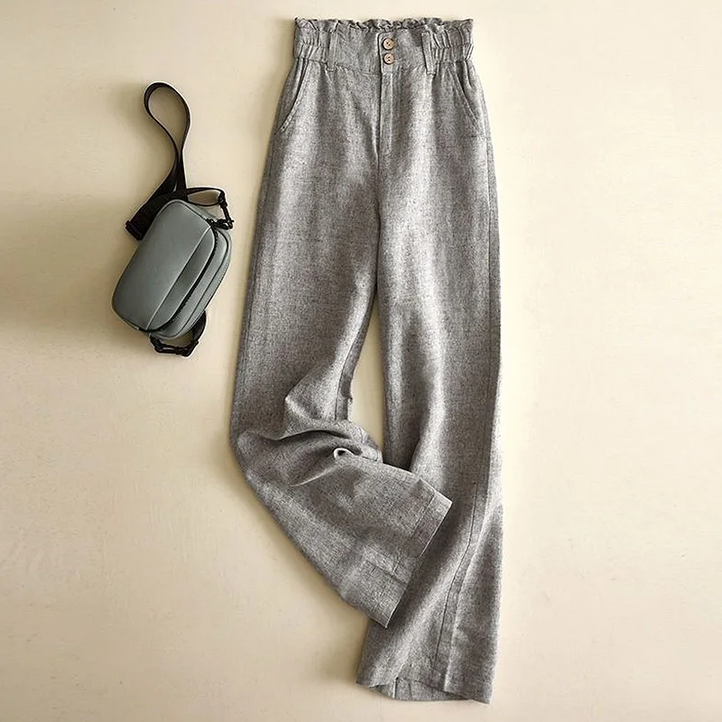 Cotton Linen Pants Fashion Summer Women Black High Waist Casual Bottom Wide Leg Pants Solid Color Straight Baggy Loose Pants