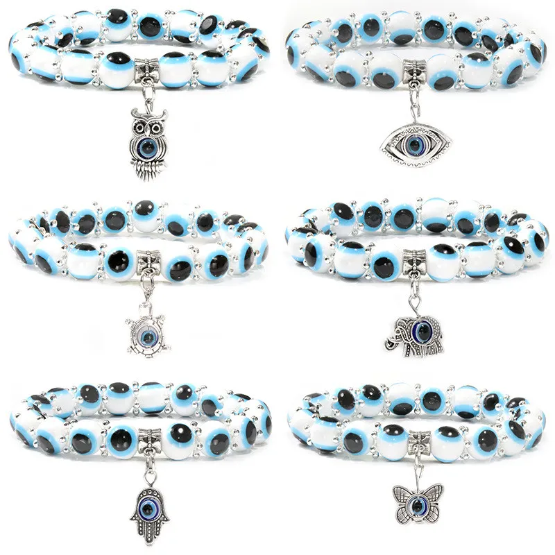 

Fashion Turkish Evil Eye Bracelet for Women Men Charm Palm Turtle Butterfly Owl Elephant Beaded Elastic String Bracelets Jewelry