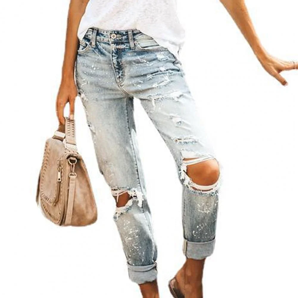 

Hot sale Women Fashion Mid Waist Boyfriend Big Ripped Hole Jeans Casual High Street Denim Pants Sexy Vintage Pencil Jean Streetw