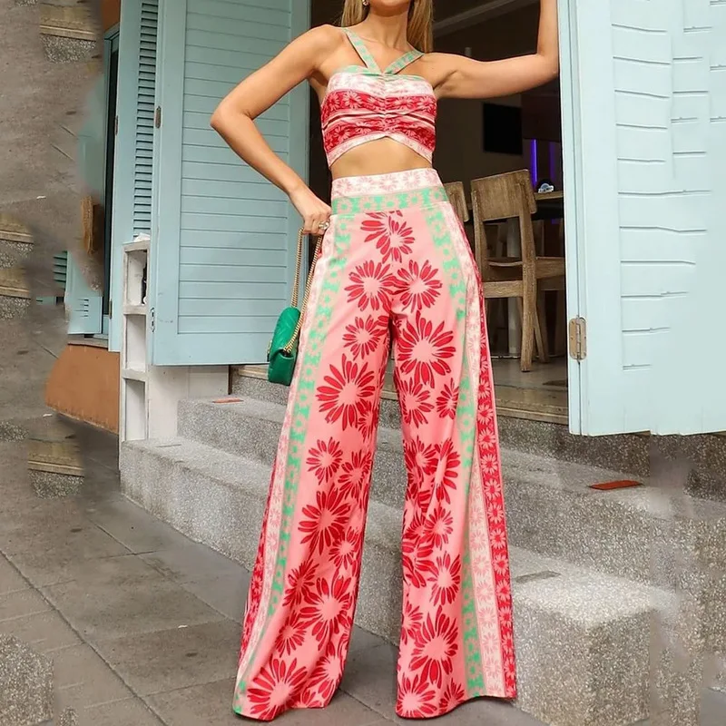 

Tow Piece Set for Women Outfit 2023 Summer Fashion Sleeveless Cut Top Lady Loose Wide Leg High Waist Pants Set Street wear