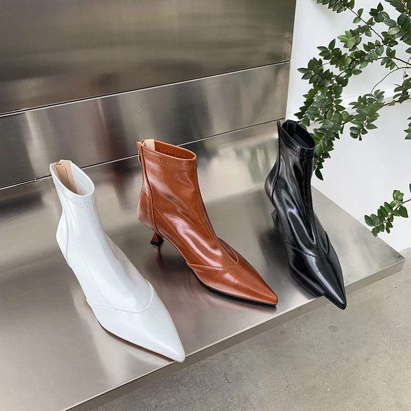 

Fashion Women Ankle Boots Pointed Toe Sock Booties Black White Brown Thin Mid Heels Back Zipper Autumn Winter Botas Elegant 39